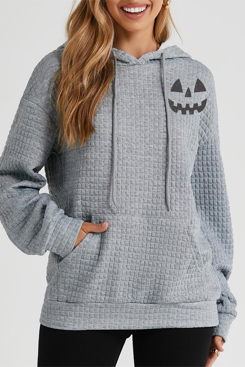 Pumpkin Face Graphic Drawstring Hoodie with Pocket NicholesGifts
