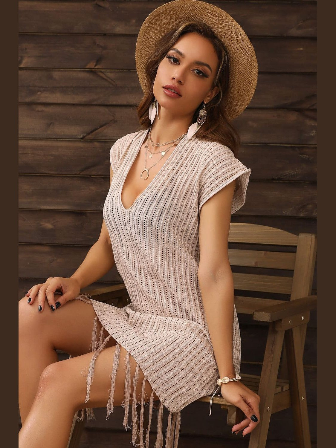 Fringe Hem Short Sleeve Deep V Cover Up Dress