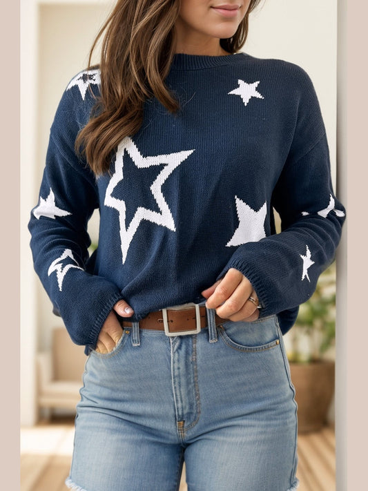 Star Round Neck Long Sleeve Sweater NicholesGifts