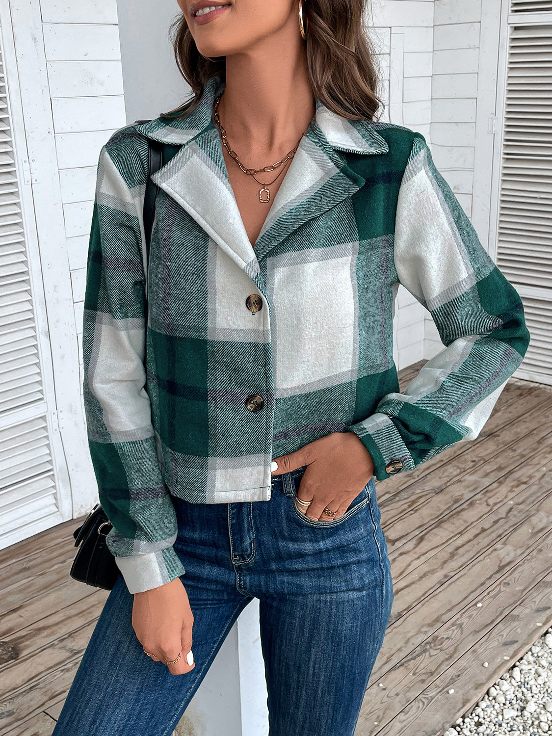 Perfee Plaid Collared Neck Button Up Long Sleeve Jacket NicholesGifts