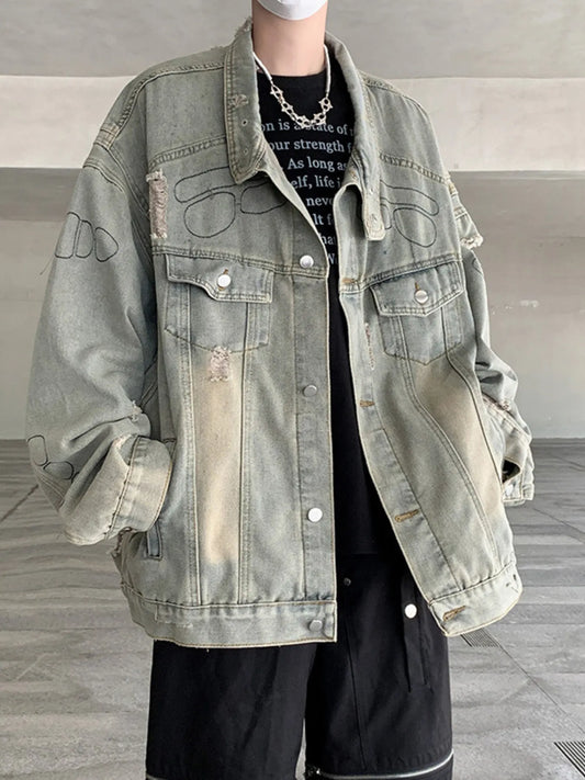 Men's Plus Size Distressed Button Up Denim Jacket NicholesGifts