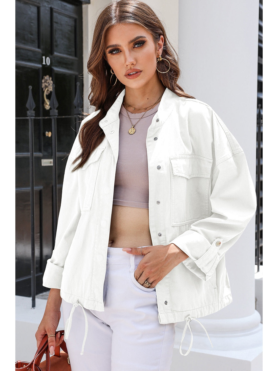 Drawstring Snap Down Dropped Shoulder Denim Jacket NicholesGifts