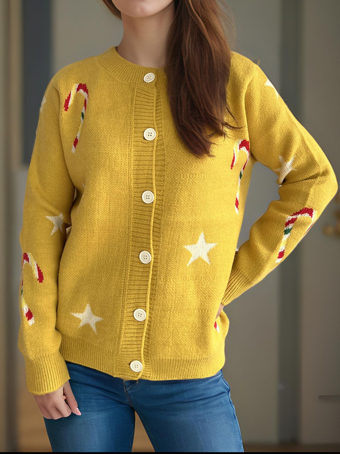 NicholesGifts Women Candy Cane & Star Button Down Long Sleeve Christmas Cardigan NicholesGifts
