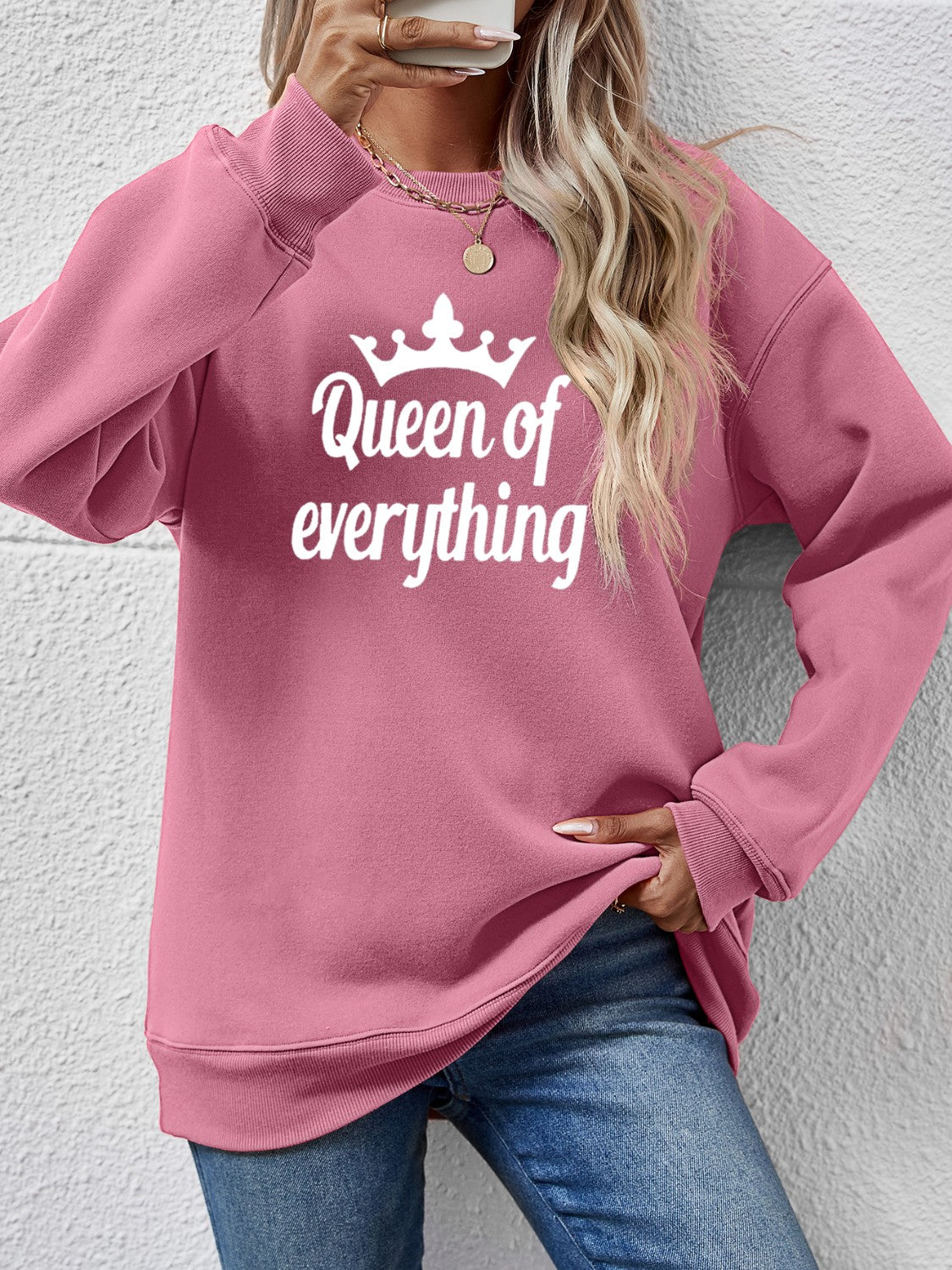 NicholesGifts Women Queen Of Everything Round Neck Sweatshirt NicholesGifts