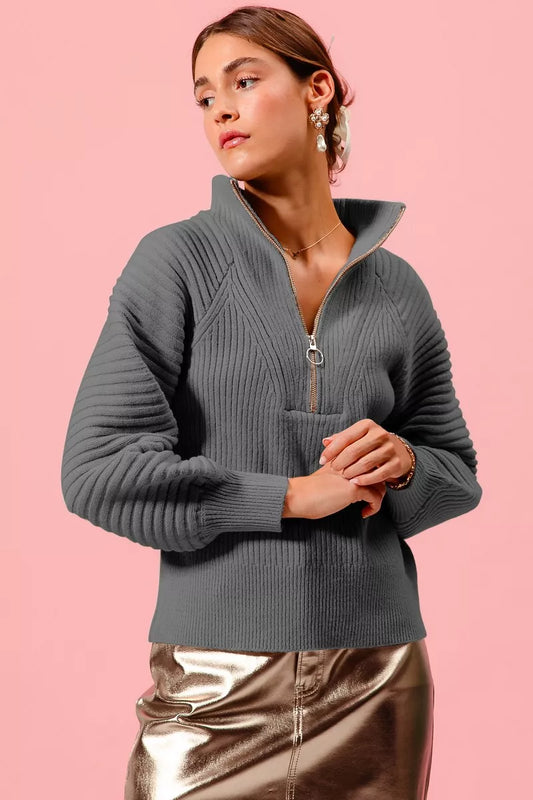 SO ME Half Zip Raglan Balloon Sleeves Ribbed Sweater