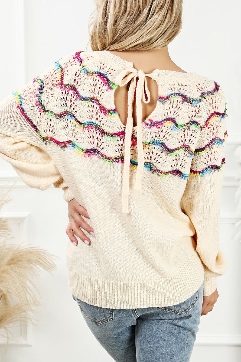 Women Openwork Wavy Striped Round Neck Sweater NicholesGifts