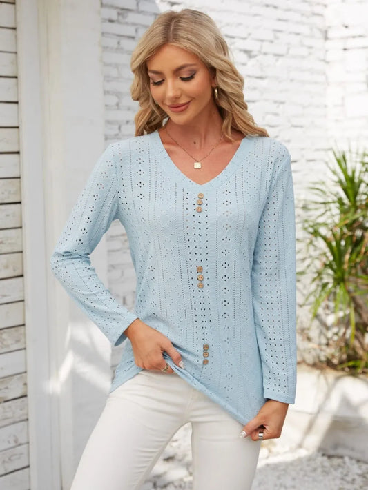Decorative Button Openwork V-Neck T-Shirt nicholesgifts