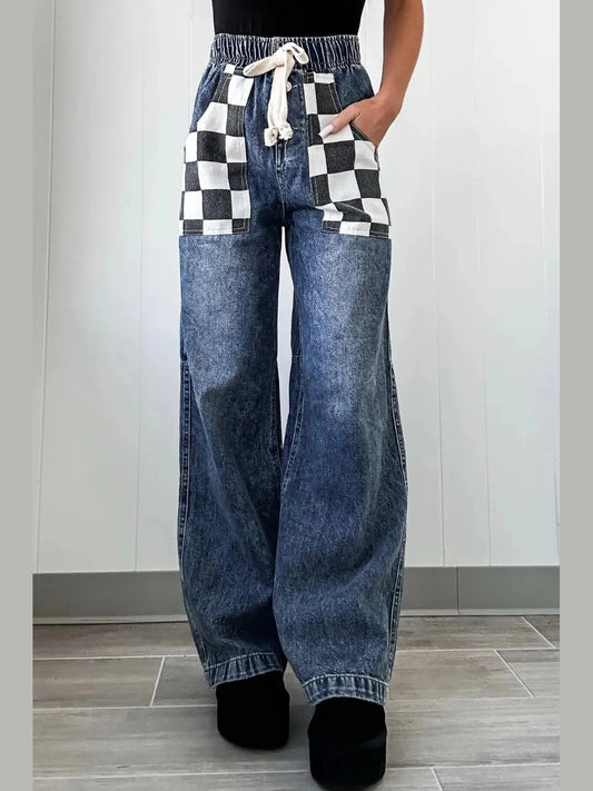 Checkered Wide Leg Jeans Trendsi