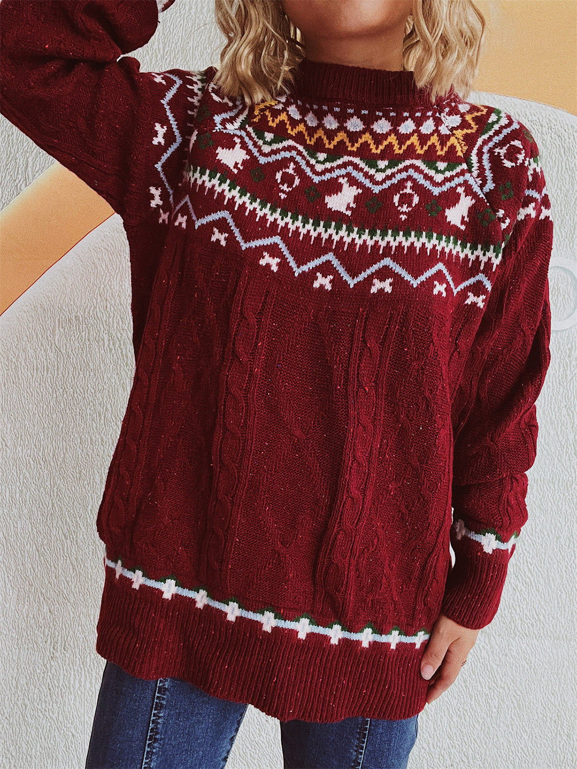 NicholesGifts Women Cable-Knit Mock Neck Long Sleeve Sweater NicholesGifts