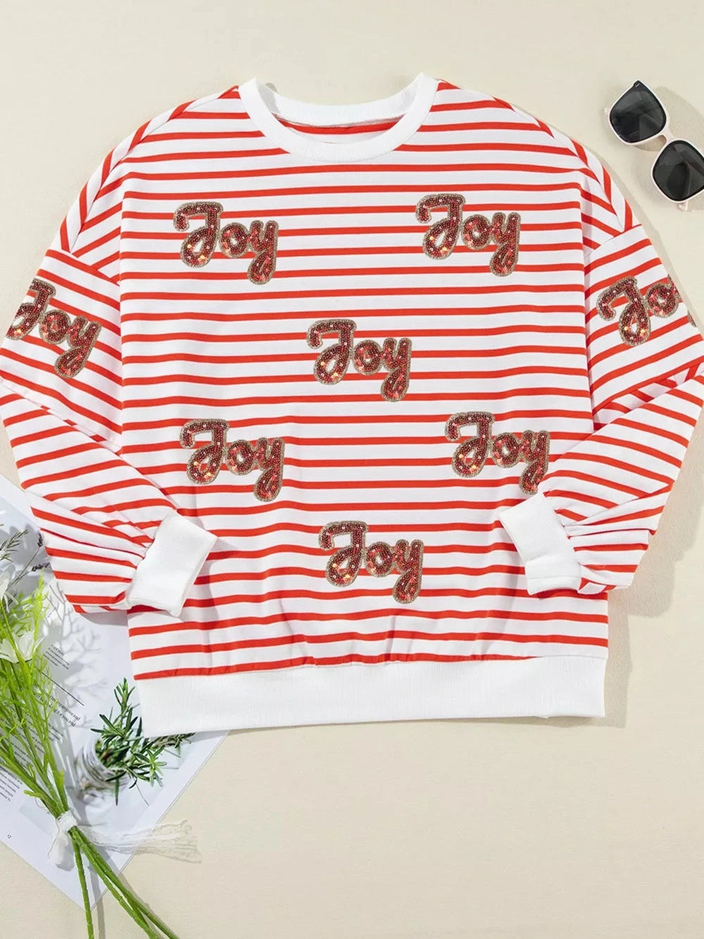 Stripe Sequined Joy Pattern Patchwork Sleeve Round Neck Sweatshirt nicholesgifts