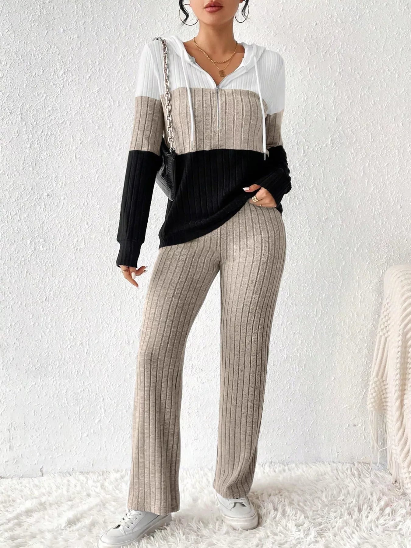 Women Color Block Half Zip Hooded Top and Pants Set NicholesGifts