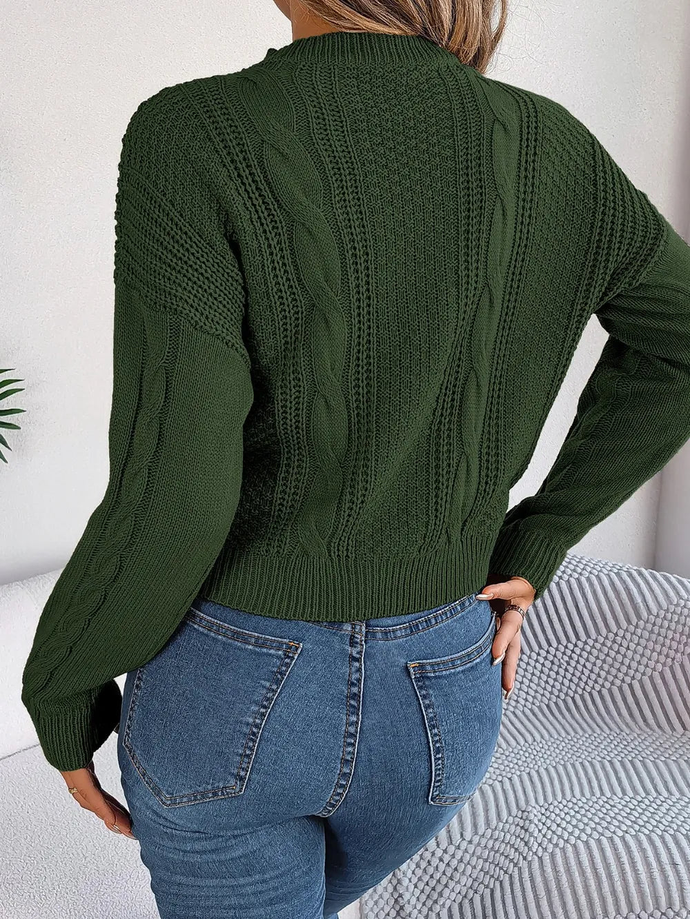 Cable-Knit Buttoned Round Neck Sweater Trendsi