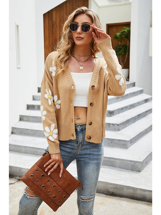 Women Flower Pattern Button Front Cardigan Sweater