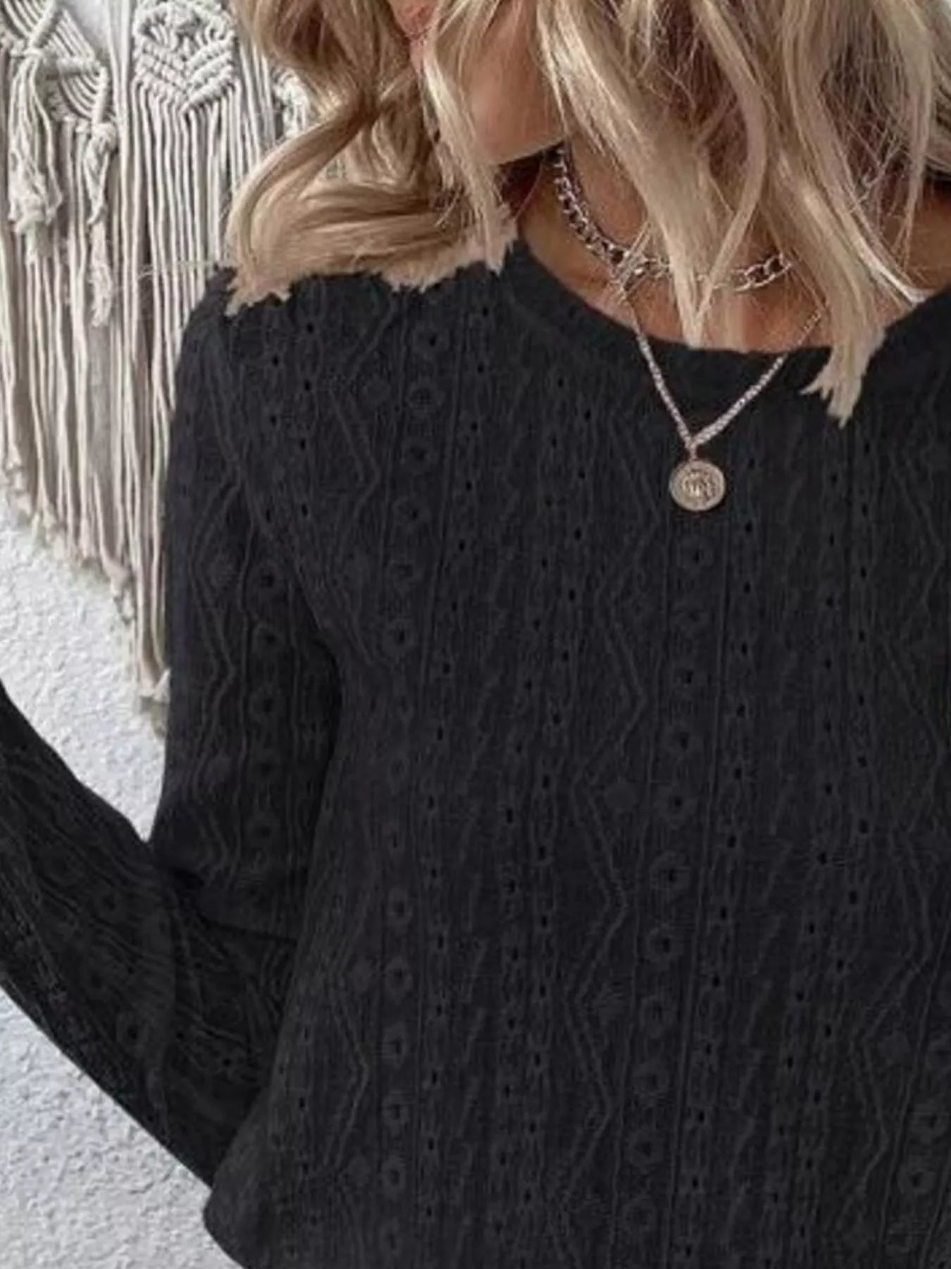 Full Size Eyelet Round Neck Long Sleeve Blouse Plus Size Trendsi