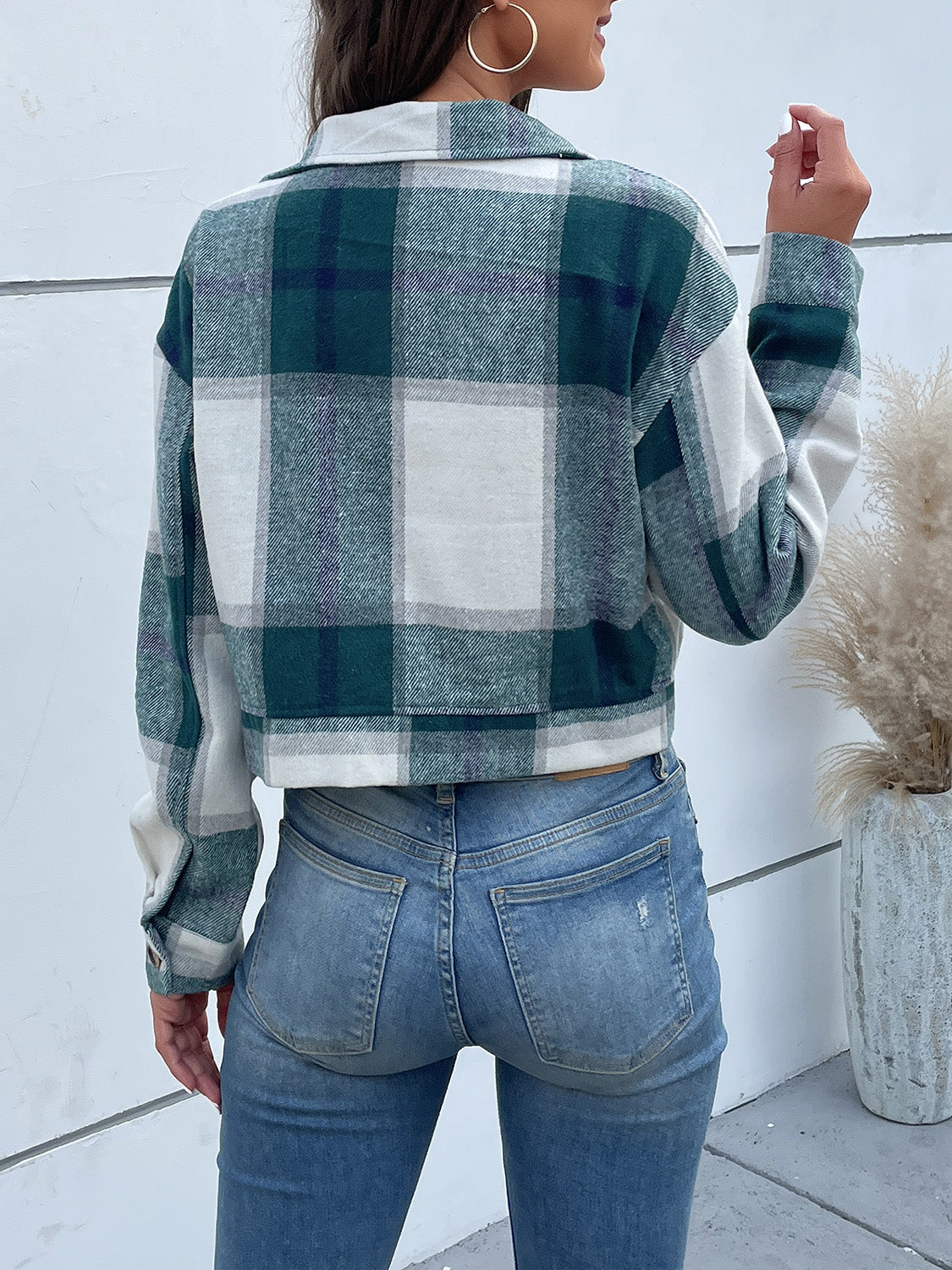 Perfee Plaid Button Up Drop Shoulder Cropped Jacket NicholesGifts