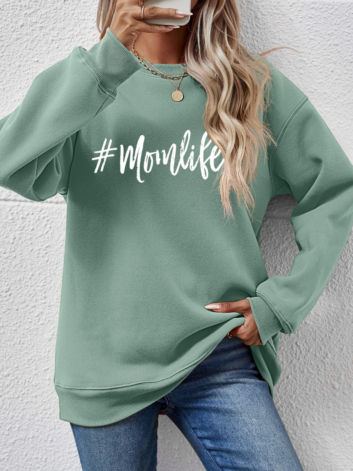 NicholesGifts Women Letter Graphic Mom Life Round Neck Sweatshirt NicholesGifts