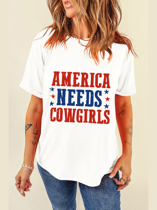 White letter graphic round neck short sleeve T-shirt with "AMERICA NEEDS COWGIRLS" print in red and blue
