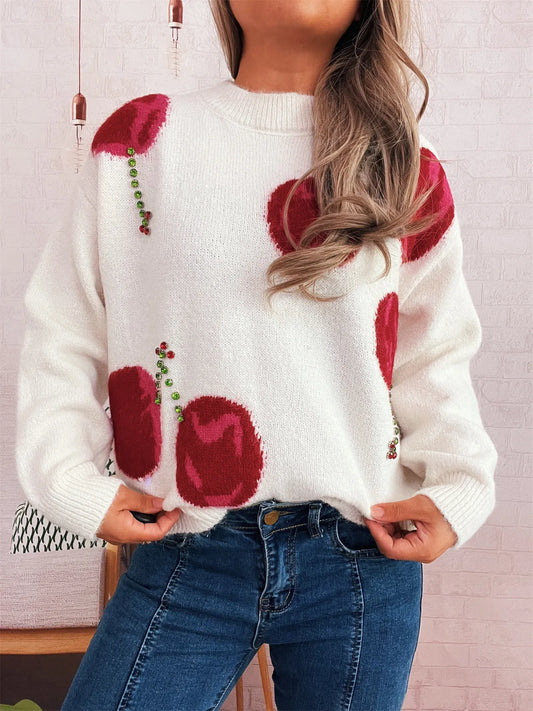 Contrast Cherry Round Neck Sweater