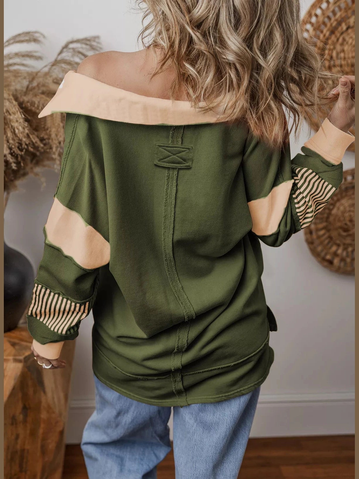 Color Block Striped Johnny Collar Sweatshirt nicholesgifts
