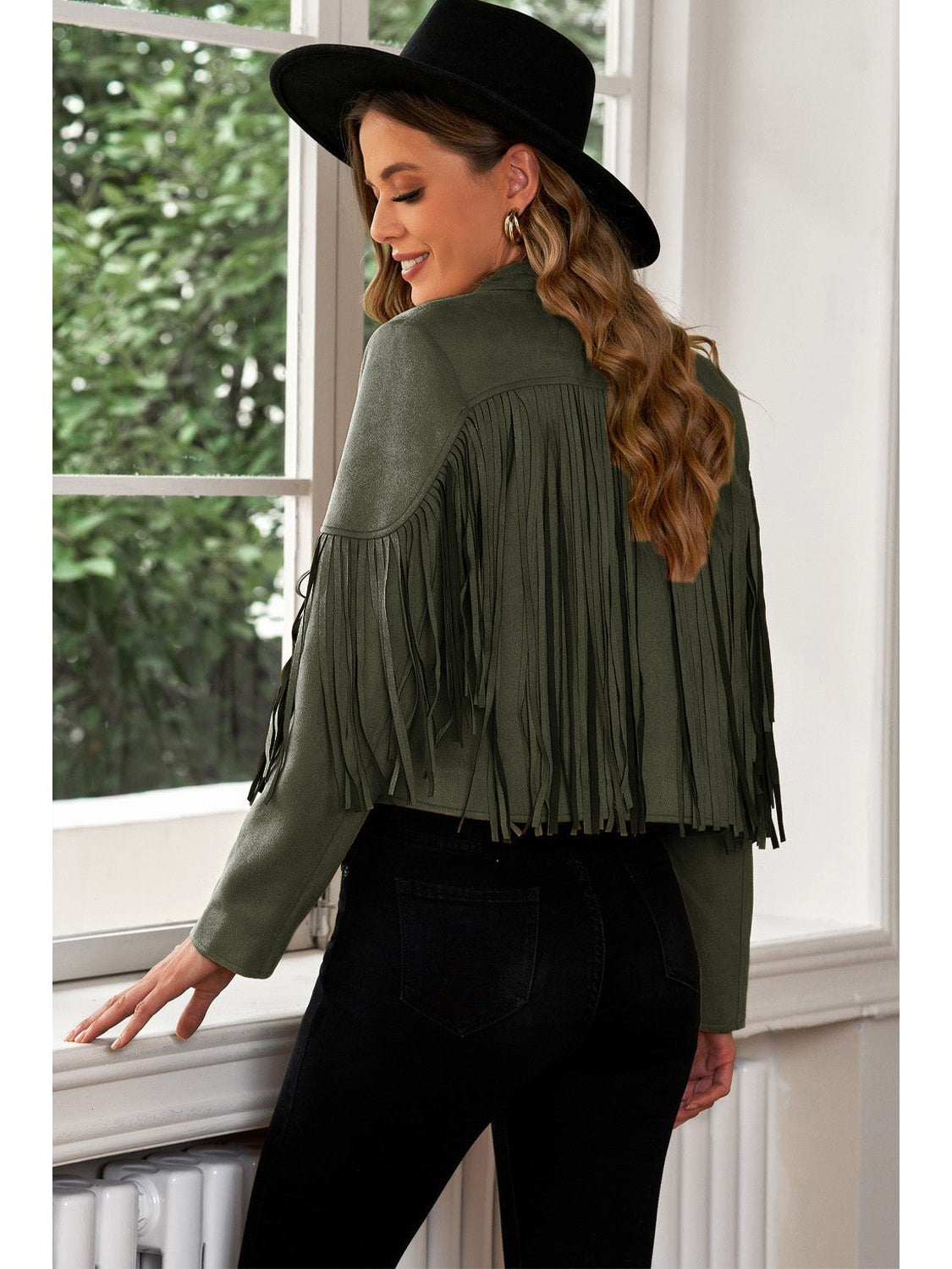 Fringe Trim Lapel Collar Cropped Blazer NicholesGifts