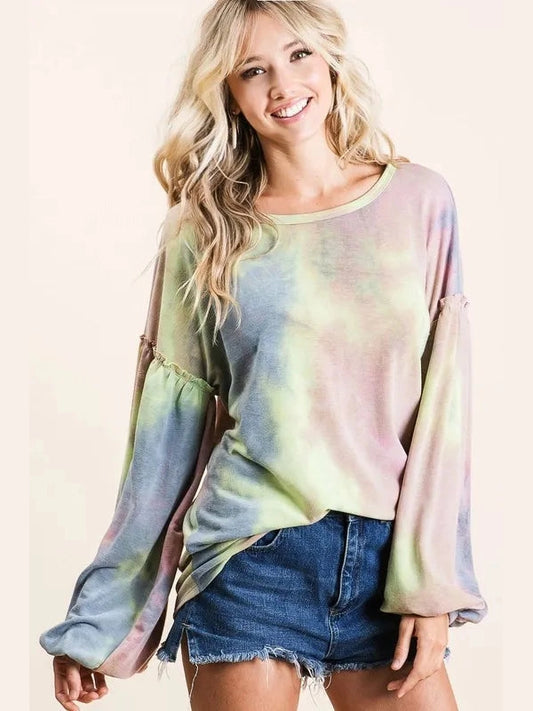 BiBi Tie Dye French Terry Sweatshirt With Bubble Sleeves Trendsi