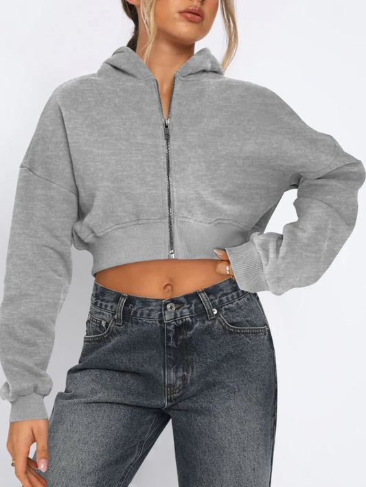 Zip Up Long Sleeve Hooded Cropped Jacket nicholesgifts