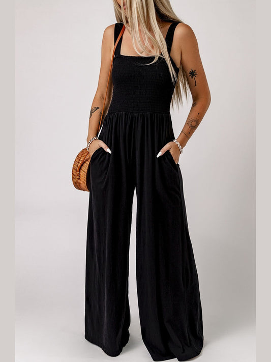 Smocked Square Neck Wide Leg Jumpsuit with Pockets nicholesgifts