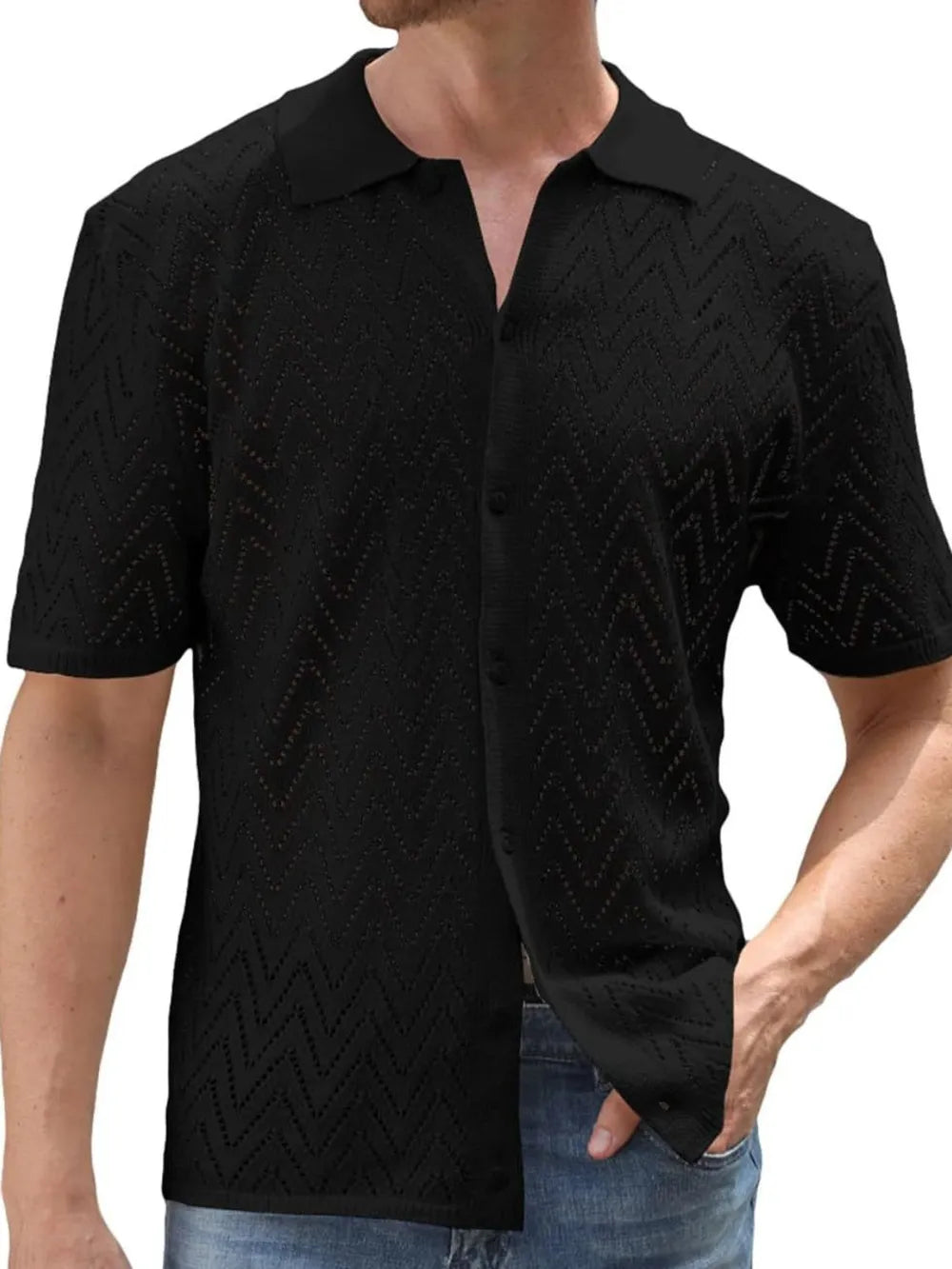 Men's Full Size Openwork Button Down Short Sleeve Shirt Plus Size NicholesGifts