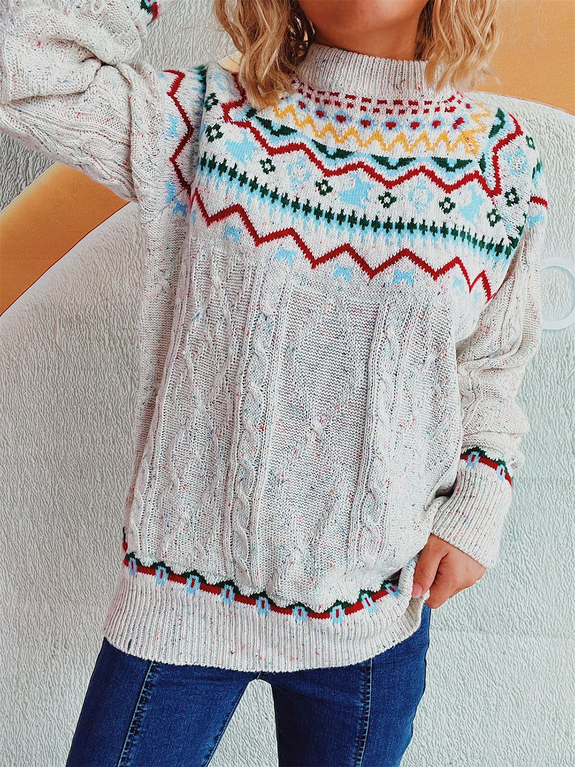 NicholesGifts Women Cable-Knit Mock Neck Long Sleeve Sweater NicholesGifts