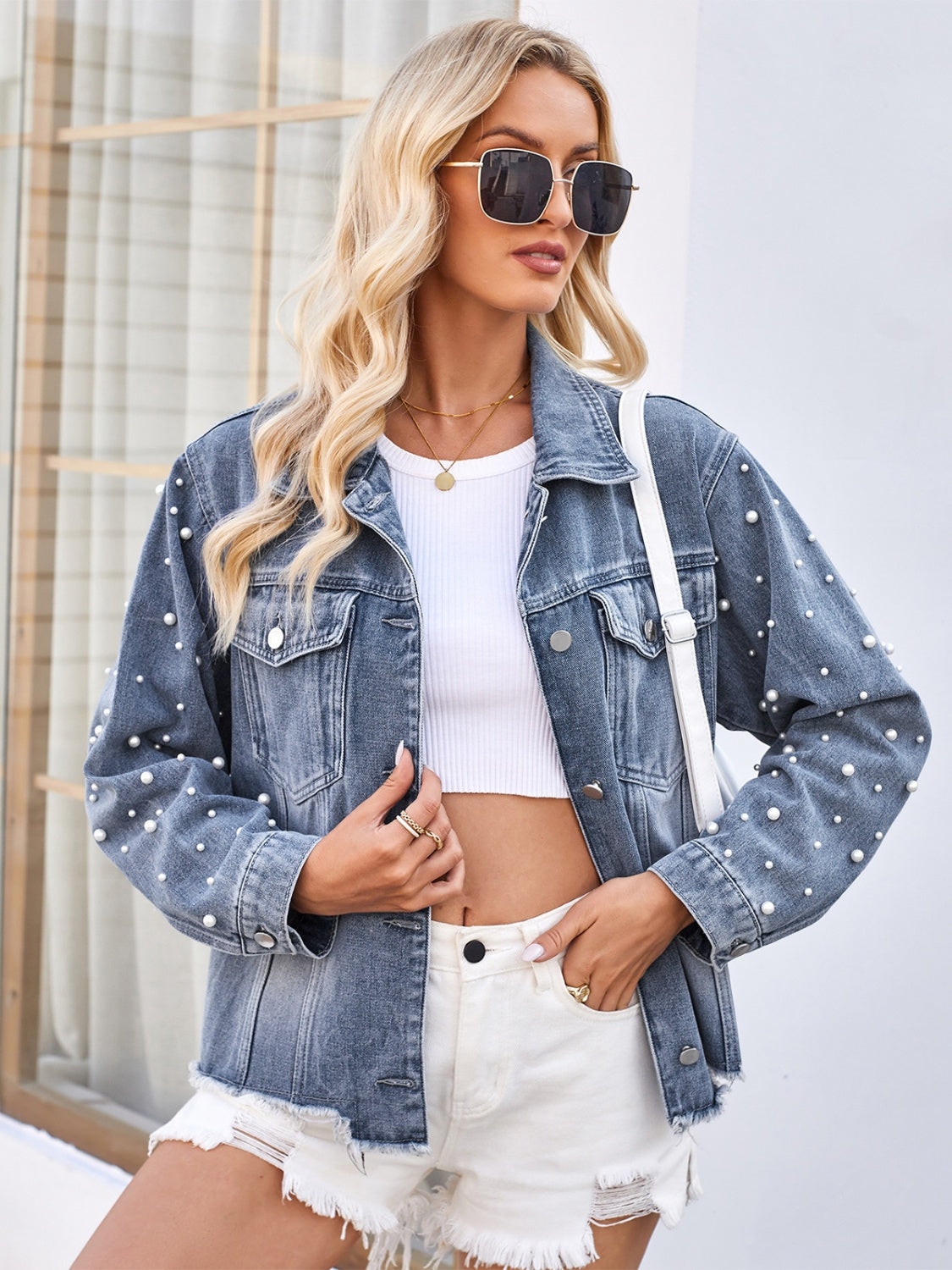 Pearl Trim Raw Hem Denim Jacket NicholesGifts