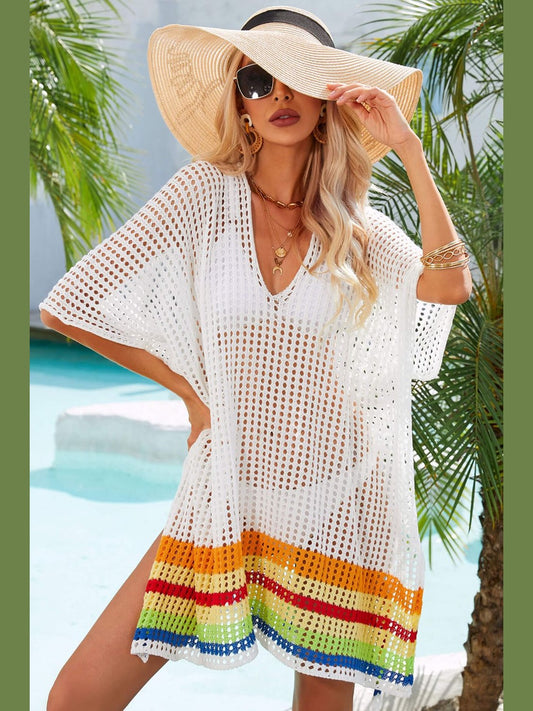 Rainbow Stripe Openwork Slit Cover-Up