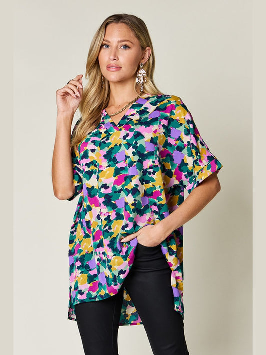 Double Take Full Size Printed V-Neck Short Sleeve Side Slit Top