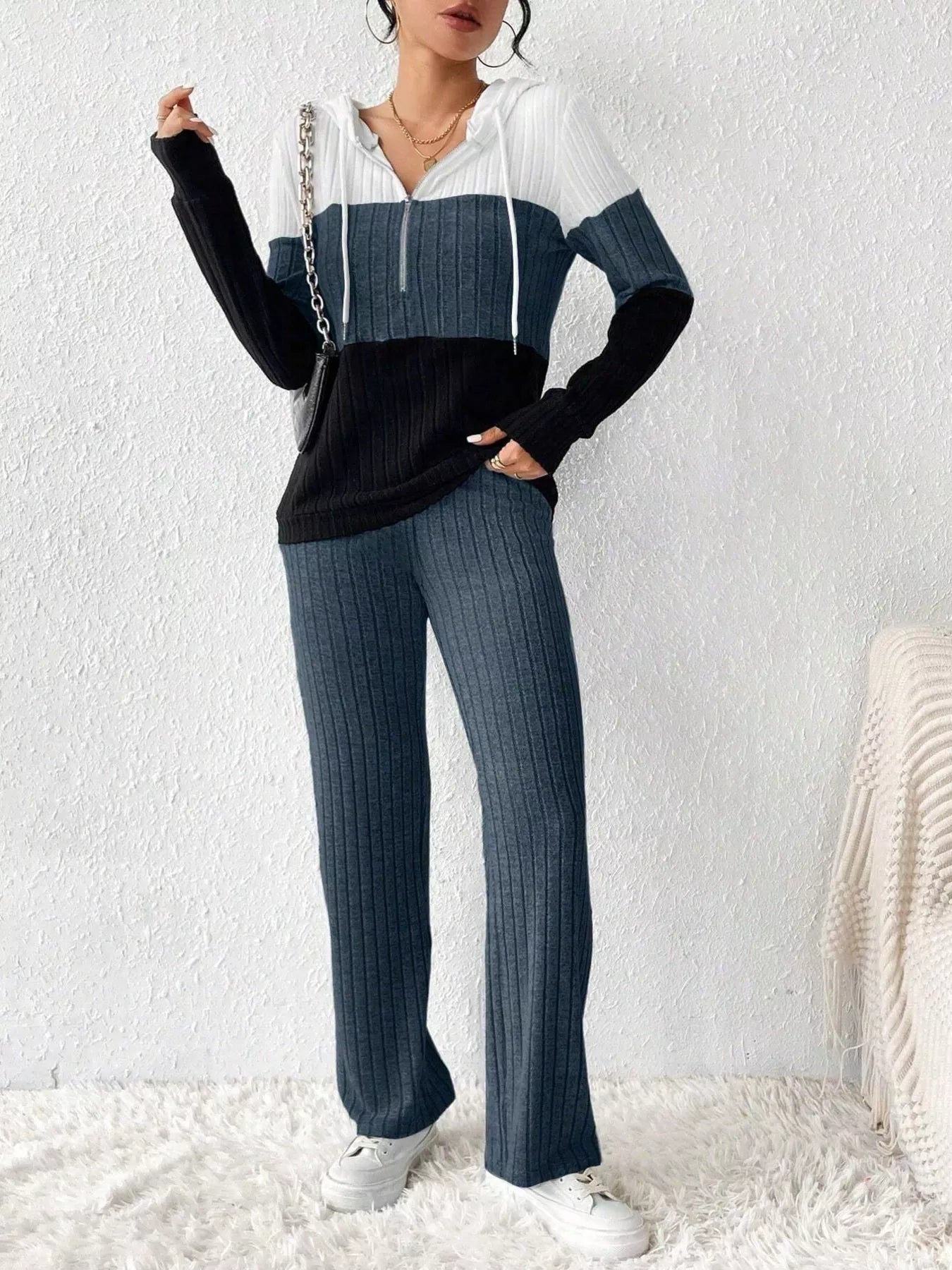 Women Color Block Half Zip Hooded Top and Pants Set NicholesGifts