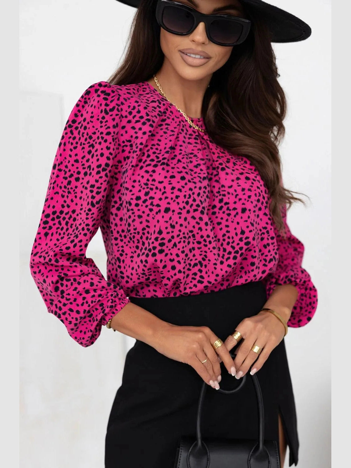 Leopard Round Neck Balloon Sleeve Blouse NicholesGifts