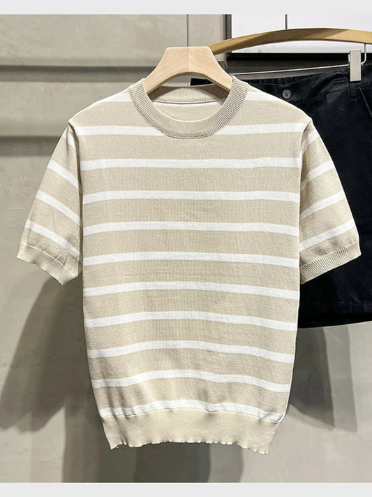 Men's Full Size Classic Striped Knit Short Sleeve T-Shirt Plus Size Trendsi