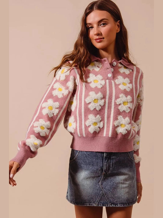 SO ME Floral Stripe Polo Collar Sweater
