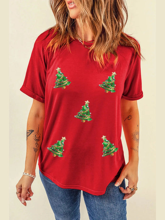 Sequin Christmas Tree Round Neck Short Sleeve T-Shirt NicholesGifts