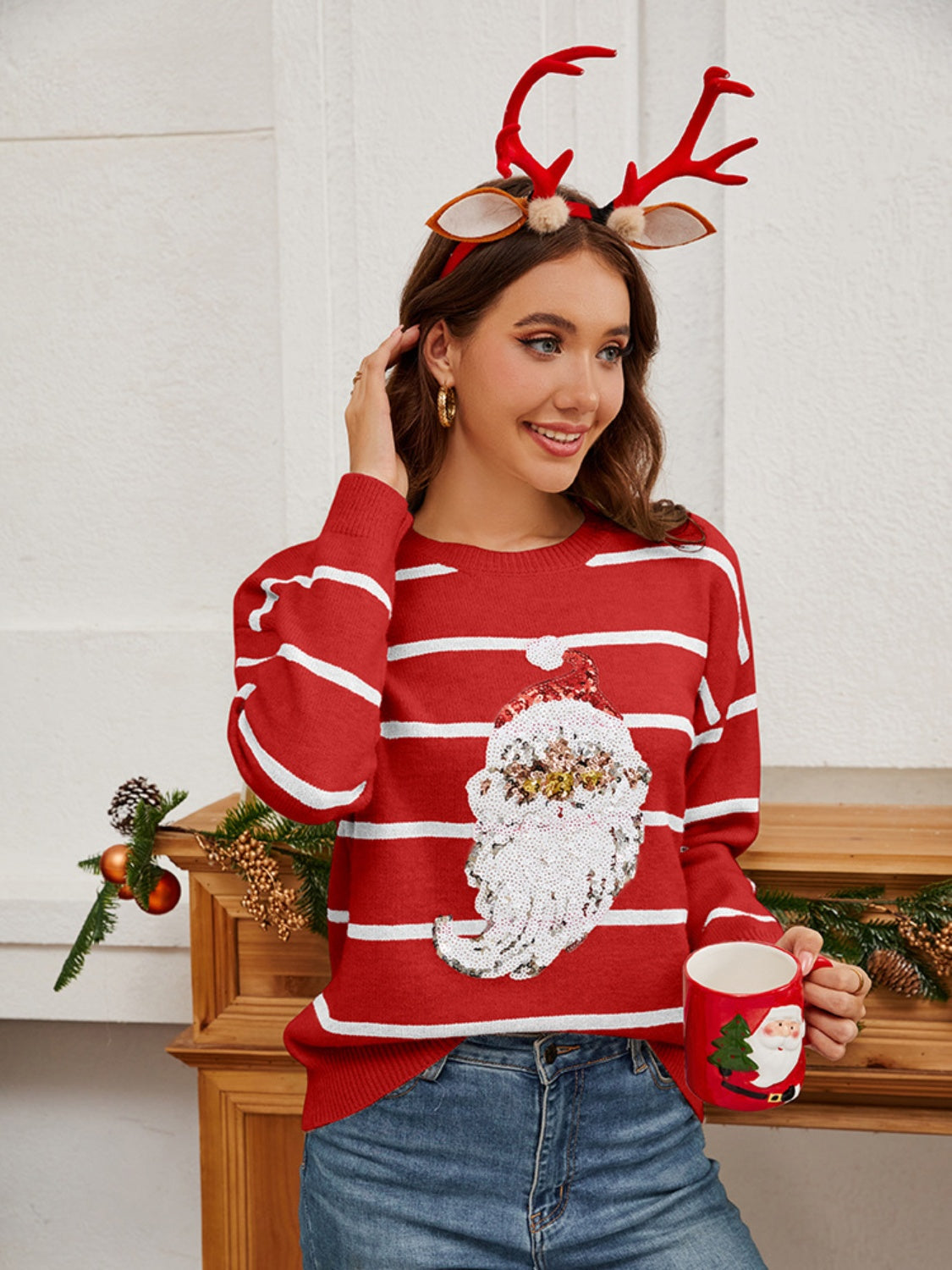 NicholesGifts Women Sequin Santa Striped Round Neck Long Sleeve Sweater NicholesGifts