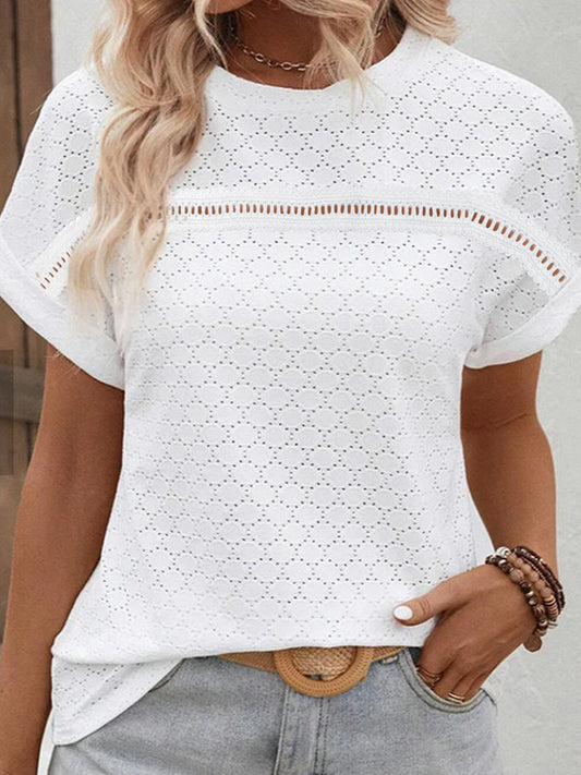 Women Eyelet Round Neck Short Sleeve Blouse