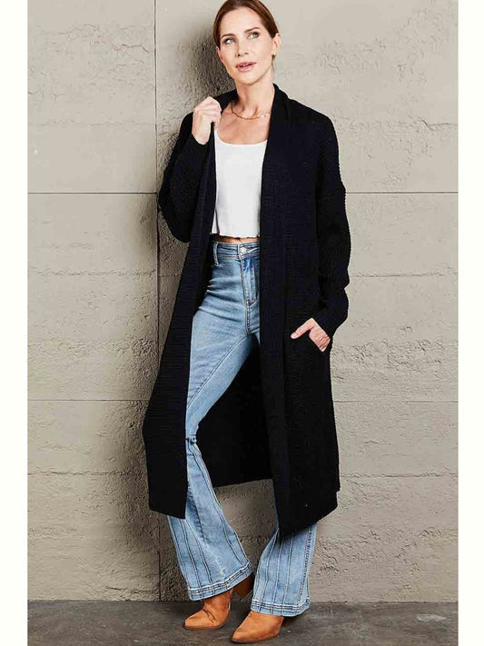 NicholesGifts Women Double Take Waffle Knit Open Front Duster Cardigan With Pockets