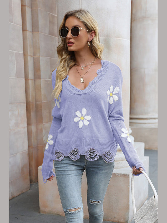 Flower Distressed Long Sleeve Sweater Trendsi