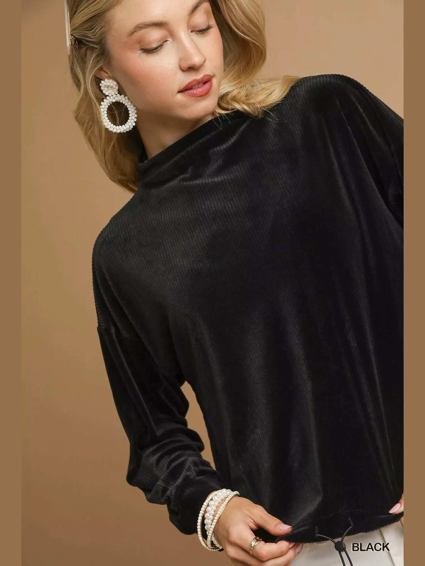 Umgee Ribbed Drawstring Hem Knit Top Trendsi