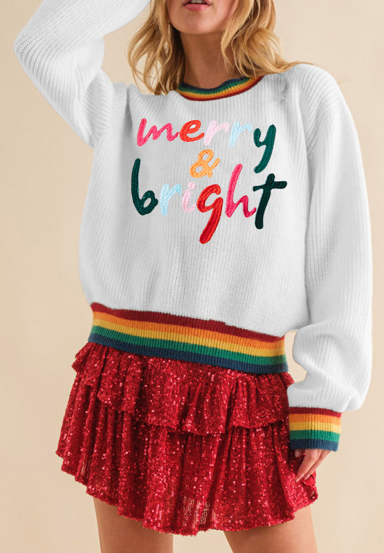 NicholesGifts Women Merry & Bright Ribbed Round Neck Christmas Sweater NicholesGifts
