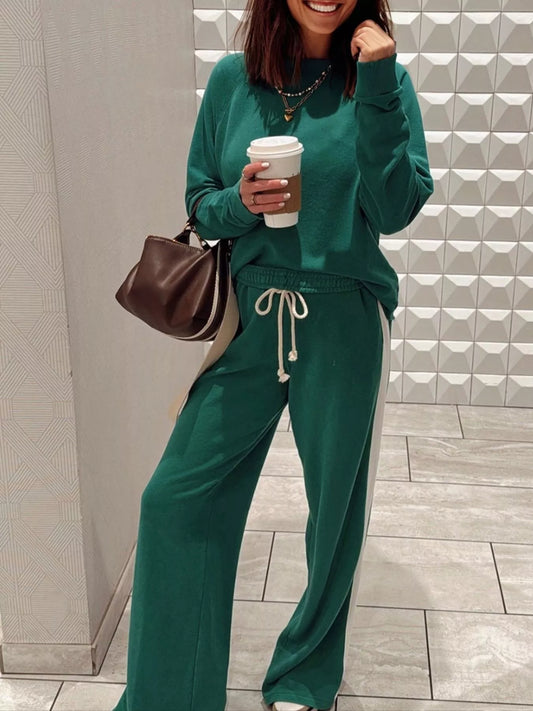 Round Neck Top and Stripe Detail Drawstring Pants Set nicholesgifts