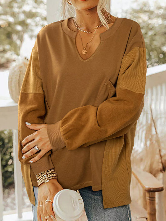 Oversized Textured Split Neck High Low Sweatshirt Trendsi