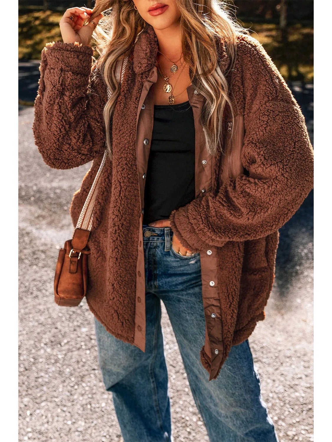 Fuzzy Snap Down Dropped Shoulder Jacket NicholesGifts