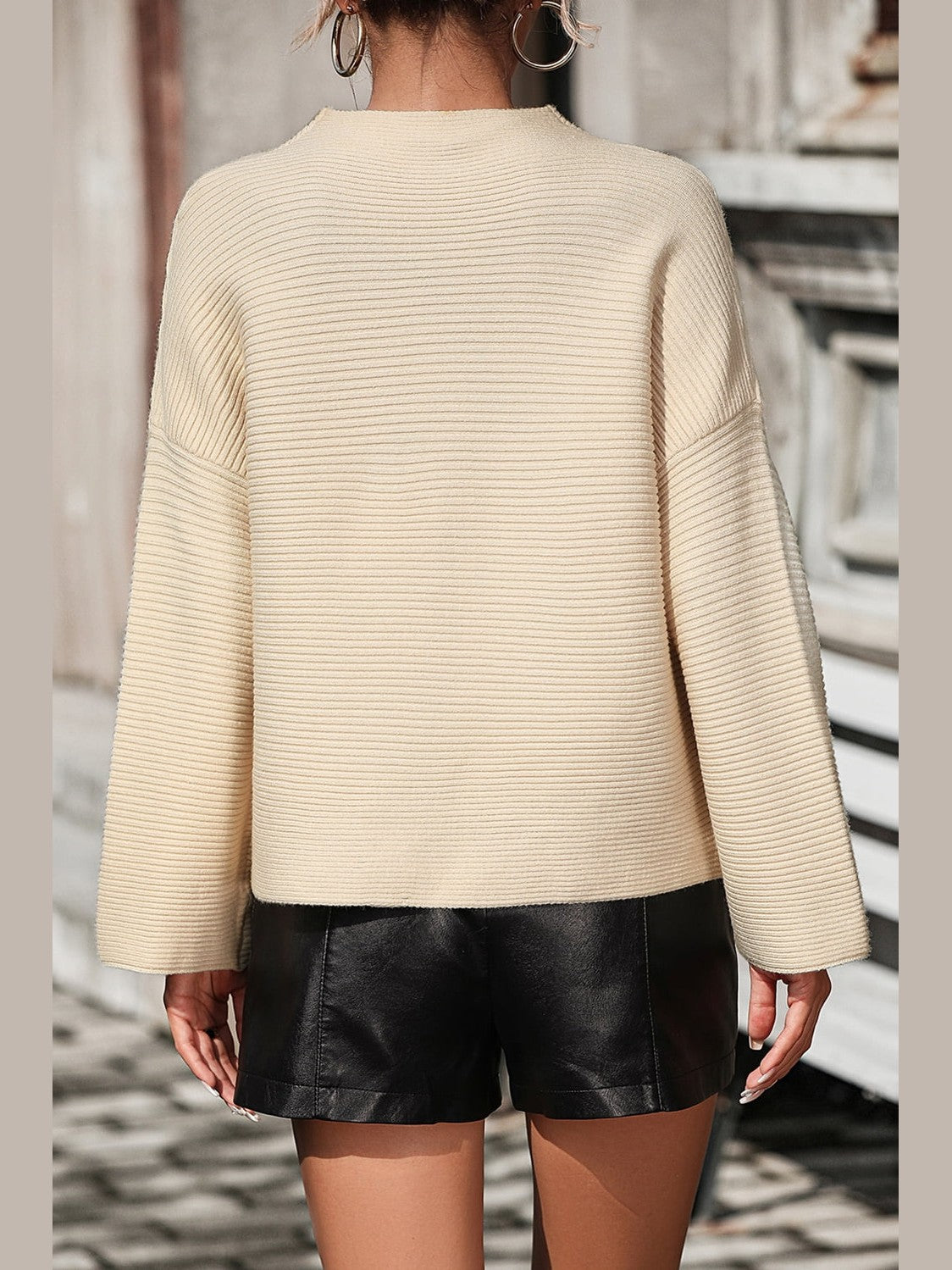Women Mock Neck Dropped Shoulder Pullover Sweater NicholesGifts