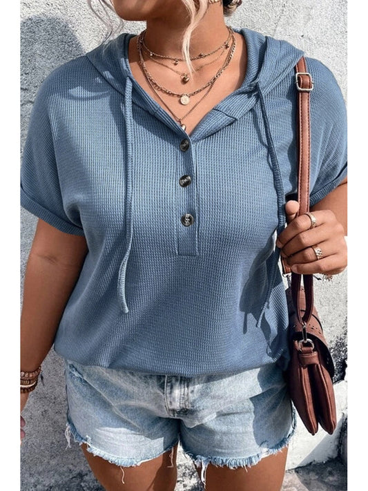 NicholesGifts Women Plus Size Light Blue Waffle-Knit Half Button Short Sleeve Hoodie NicholesGifts