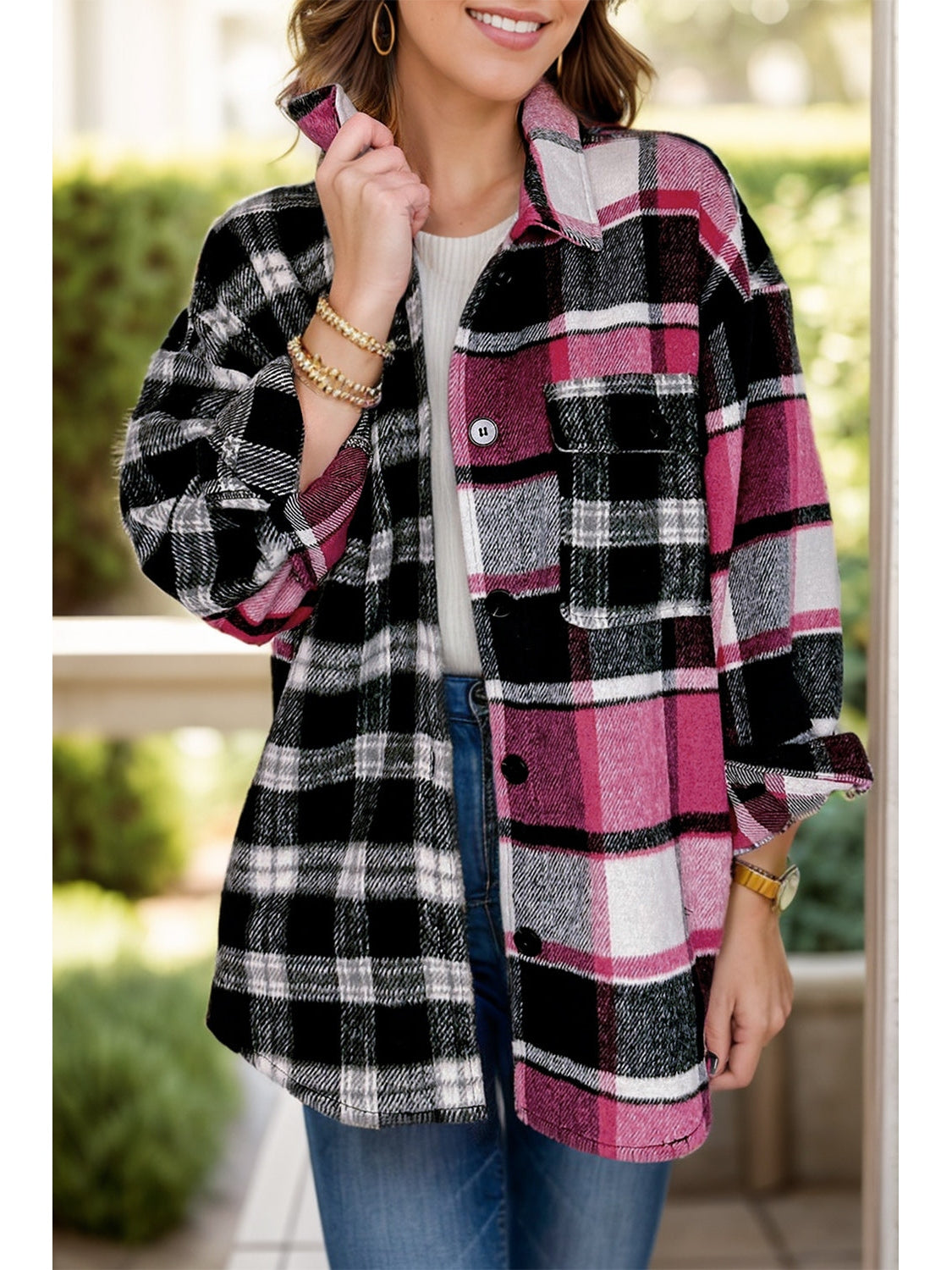 Pocketed Plaid Collared Neck Long Sleeve Shacket NicholesGifts