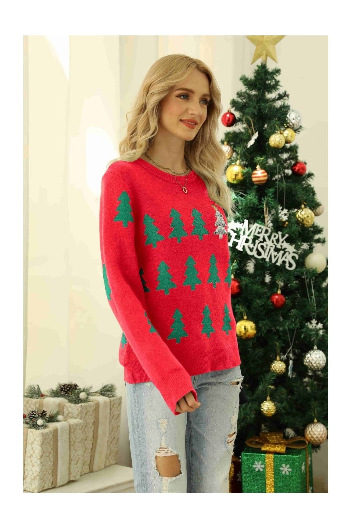 Christmas Tree Round Neck Ribbed Trim Sweater NicholesGifts